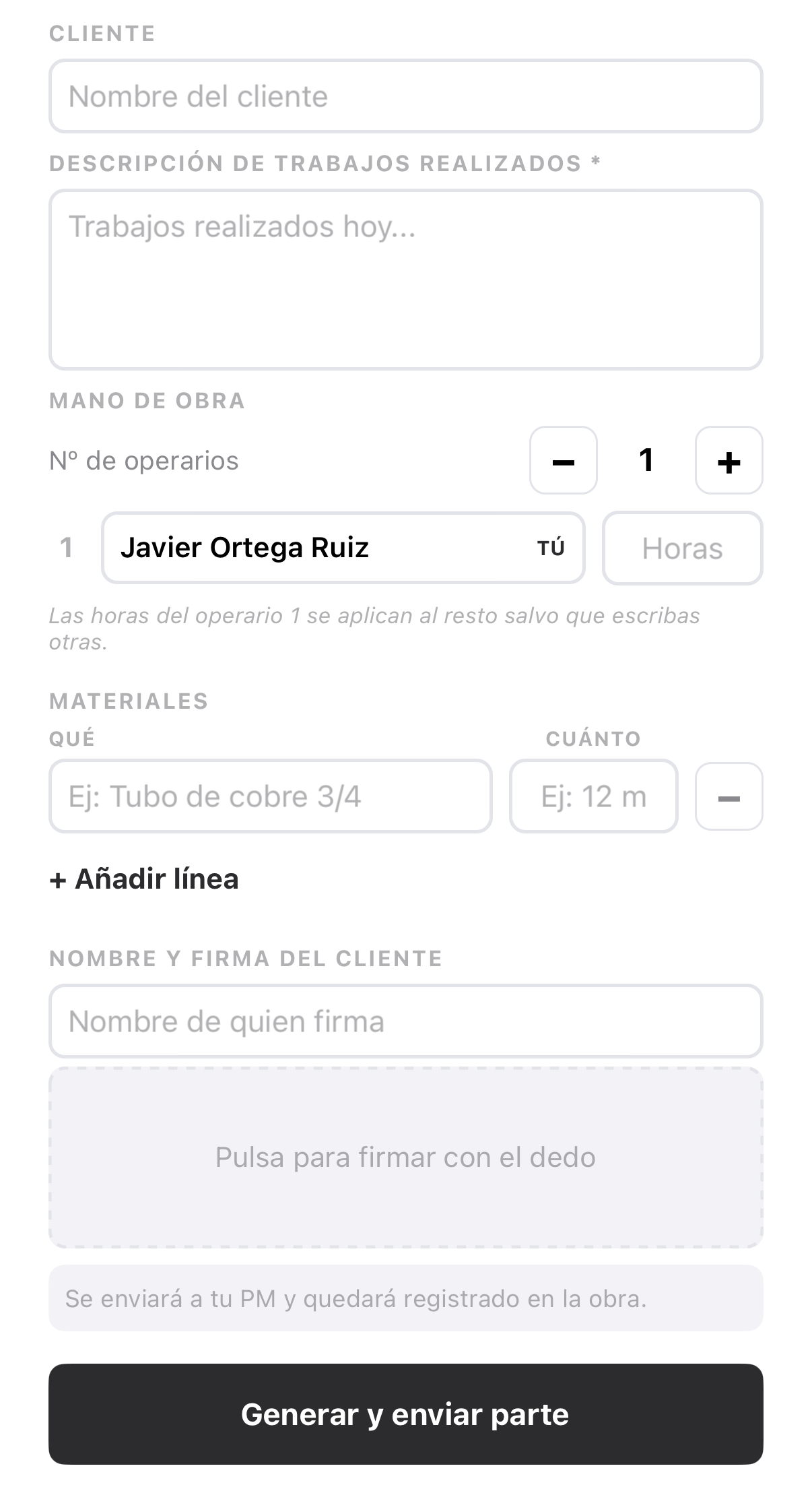 Parte de trabajo real de Zetein con firma del cliente